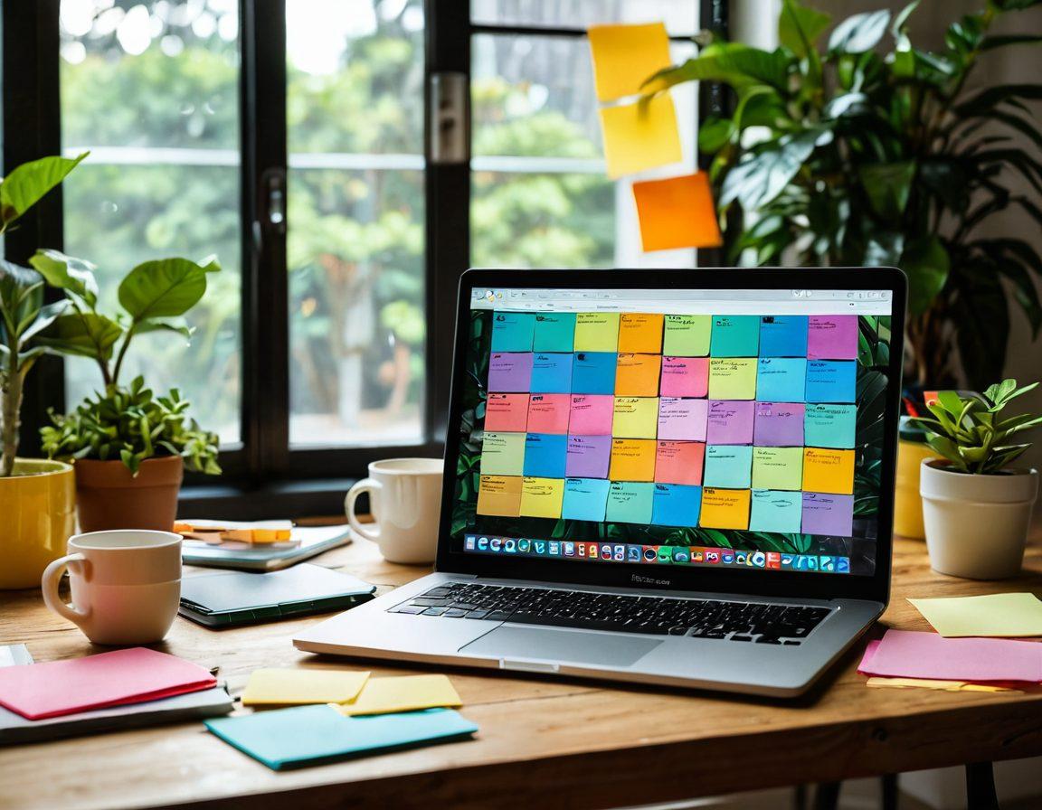 An open laptop on a wooden desk surrounded by colorful sticky notes and a steaming coffee mug. On the screen, a vibrant interface displaying various blogging platforms with creative design elements. In the background, a lush indoor plant and bookshelves filled with literature on content creation. Soft natural light filtering through a window, highlighting the essence of creativity and productivity. super-realistic. vibrant colors.