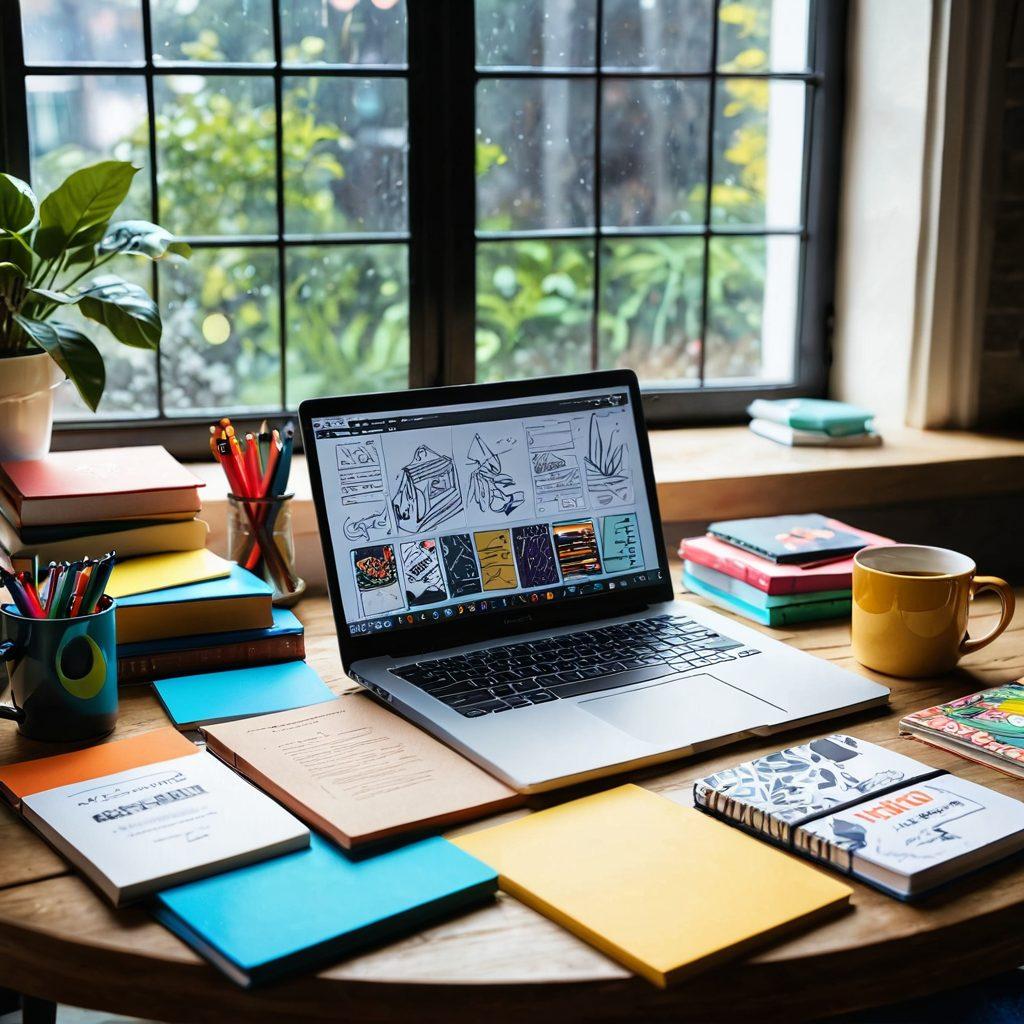 A creative workspace filled with books, a laptop, and colorful stationery, showcasing a journey from brainstorming concepts to designing a self-published book cover. Include elements like sketches, digital designs, and a coffee mug to convey inspiration. The background features a bright window with natural light pouring in, symbolizing new ideas. vibrant colors. super-realistic.