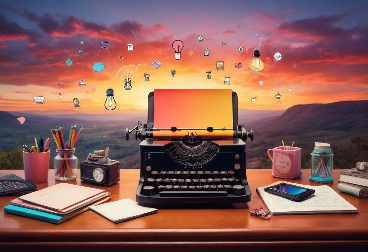 A whimsical workspace filled with colorful stationery, a vintage typewriter, and a digital tablet showcasing a blog interface. A lightbulb above symbolizes creativity, surrounded by floating icons representing various free blogging tools and self-publishing platforms. The background features a dreamy landscape with vibrant skies and abstract shapes to inspire imagination. surreal art. vibrant colors. artistic flair.
